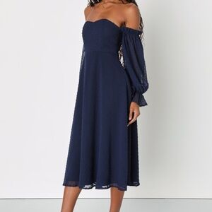Lulus Lovely Angel Navy Blue Swiss Dot Off-the-shoulder Midi Dress - Size L